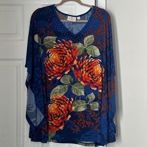 Quacker Factory Studded Chrysanthemum Floral V-Neck Caftan Top Size XL Stretchy